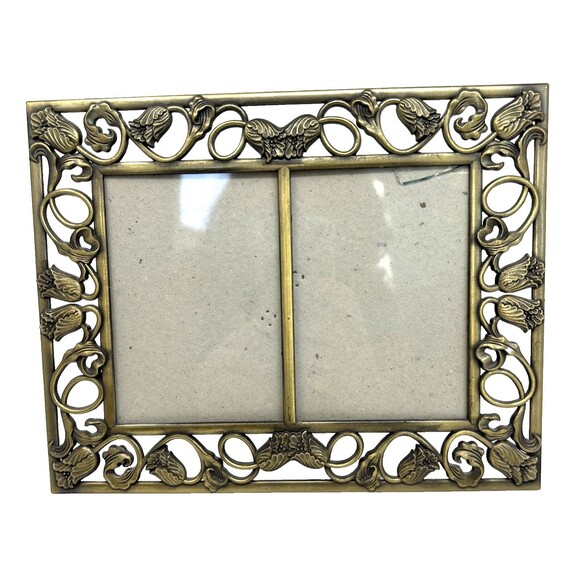 Vtg Cast Metal Gold Tone Ornate Tulips Vines Picture Frame 5" x 7" READ - Picture 1 of 8